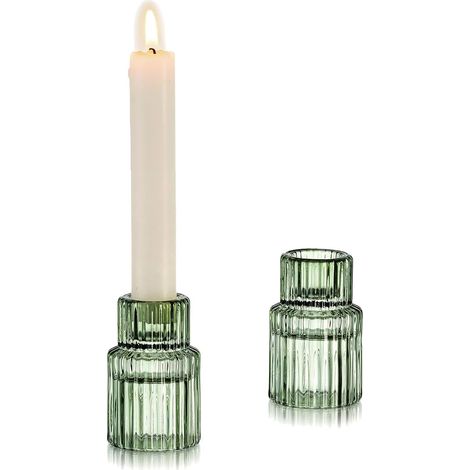 Bougeoirs en Verre Vert : Set de 2 Petits Bougeoirs Cannelés pour Centre de Table, Mariage, Noël (1/5)