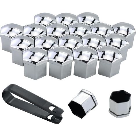 Lot de 20 cache-écrous de roue universels avec outil de démontage pour voitures, capuchons de écrous de roue hexagonaux (argent, 19 mm) (1/5)