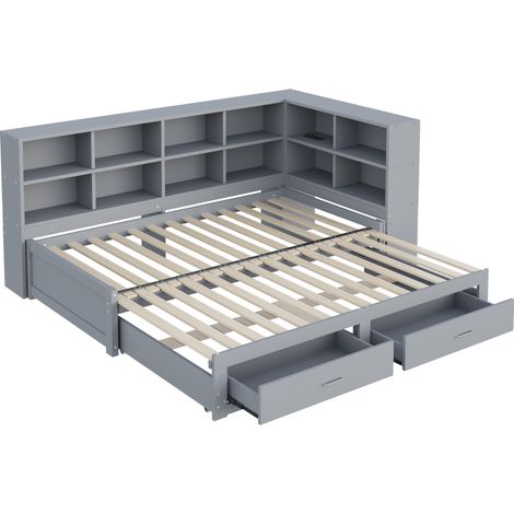Cama multifuncional extensible 90/180 x 190 cm gris con cajones y almacenaje (1/5)