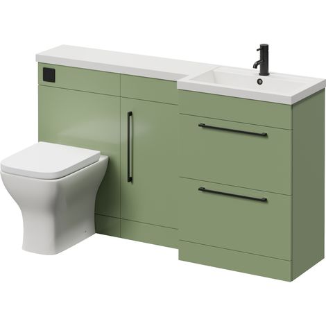 Napoli 390 Olive Green 1500mm 2 Drawer Vanity Unit Toilet Suite with Right Hand Square Lucia Basin - 1500mm - Matt Black 320mm HandleWith Kingston Toilet Pan and Seat