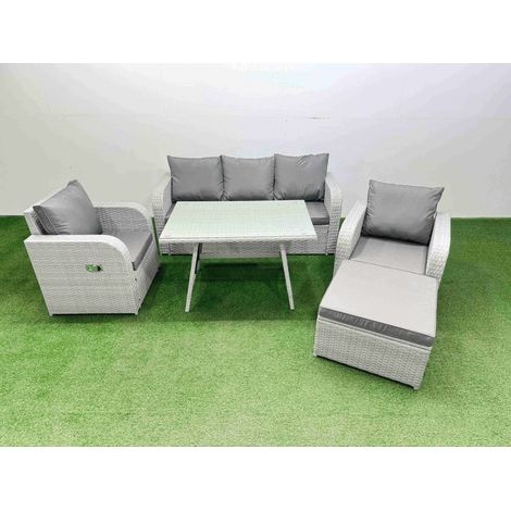 Fimous Reclining Chair 3 Seat Sofa Set Garden Furniture Set with Rectangular Dining Table Big Footstool Light Grey (1/4)