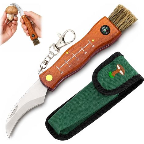Mushroom Knife with Folding Brush, Ruler + Integrated Compass, Stainless Steel Blade with Storage Bag, 4 cm (1/5)