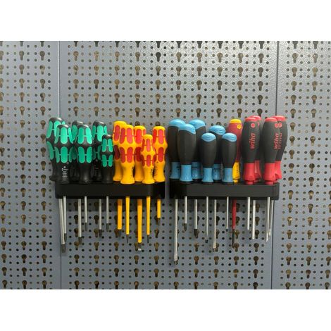 Support de tournevis double pour mur perforé - Pour paroi perforée et perforation européenne de 45 mm - Pour toutes les parois perforées - Support système - Accessoires mural perforé - Mur à (1/4)