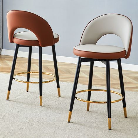 Lot de 2 tabourets, en PU, avec coussin, gris clair, pour cuisine et salle à manger, matériau PU, pour bar, rembourrés, cuisine et patio