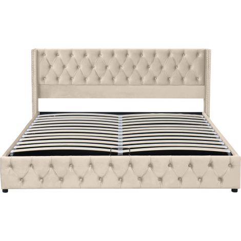 Lit 160x200 cm capitonné oreilles clouté velours coffre beige