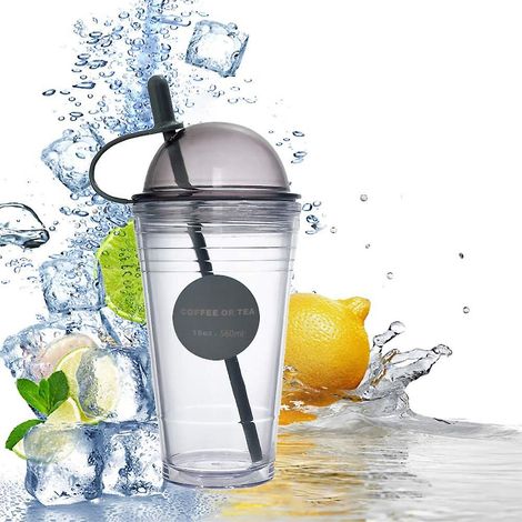Mug de voyage étanche à double paroi de 560 ml avec couvercle et paille, gobelet isotherme portable pour boissons froides - Blanc (1/5)