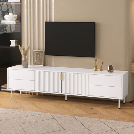 Modernluxe - Meuble TV moderne 180 x 40 x 49,5 cm - 4 tiroirs et 2 portes - Poignées et pieds en métal - Gestion des câbles - Blanc (1/5)