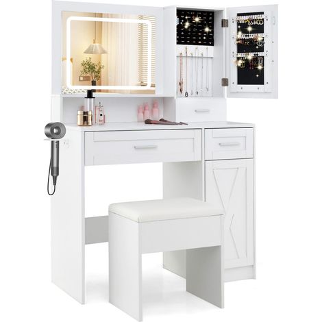 COSTWAY Makeup Vanity Desk Farmhouse Dressing Table & Stool Set w/ Drawers (1/5)