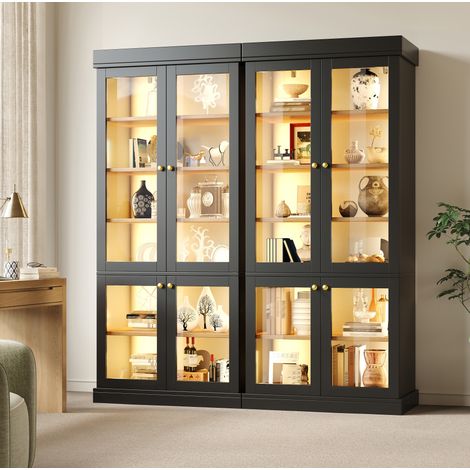 Vitrine haute LED avec étagères réglables et verre, 160 x 40 x 180 cm, noir HAVRYA (1/5)