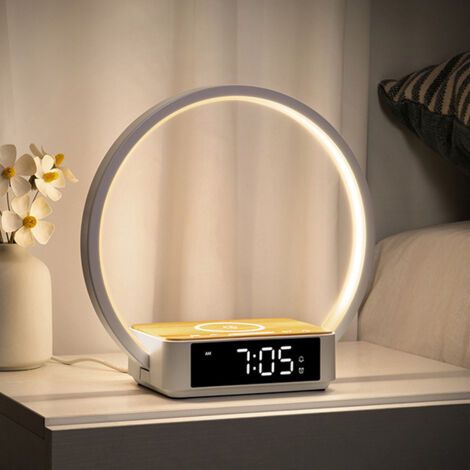 Lámpara de mesilla táctil con cargador inalámbrico, cargador Qi, lámpara de escritorio LED, luz nocturna con despertador, luz nocturna, 3 niveles de brillo. (1/4)