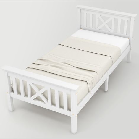Letto singolo 90x200 con testiera a X, rete a doghe, struttura in pino massello e MDF, bianco, spazio salvaspazio sotto il letto CHICFURN (1/5)