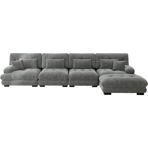 Divano angolare modulare da 4 posti in tessuto felpa (chenille) grigio con pouf mobili (1/5)