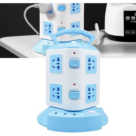Multiprise tour multifonctionnelle avec protection contre les surcharges et port USB, 220 V, 10 A, bleu ciel, 2 couches (1/5)