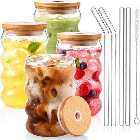 Lot de 4 verres côtelés avec couvercle et paille - 530 ml - Verre à bulles - Verre à café glacé - Verre ondulé - Verres à eau - Verres à long drink pour cocktail, eau, soda (1/5)