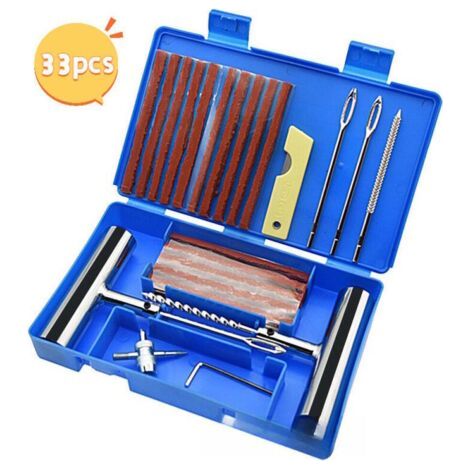Ensemble de 33 pièces, kit de réparation de pneus, kit anti-crevaison pour voiture, outils de réparation de crevaison, adapté aux pneus de voiture et de moto (1/4)