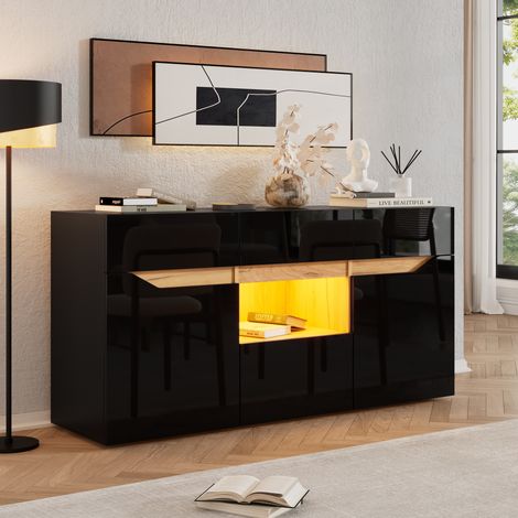 Aparador con LED, 4 cajones y 2 armarios, negro y madera, 140 x 40 x 70 cm (1/5)