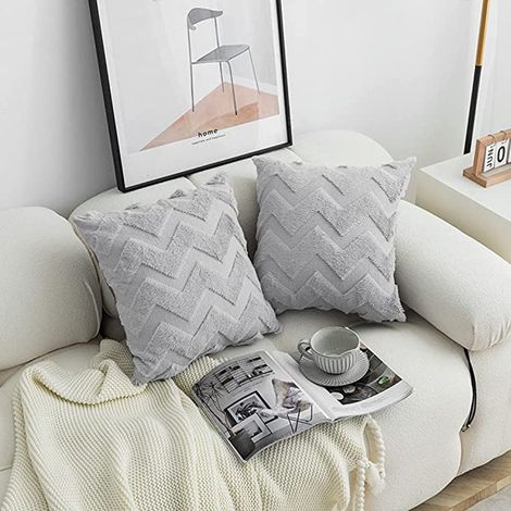 Lot de 2 housses de coussin en laine courte, 45x45 cm, velours, décoratives, motif ondulé, avec fermeture invisible, pour canapé, chambre.