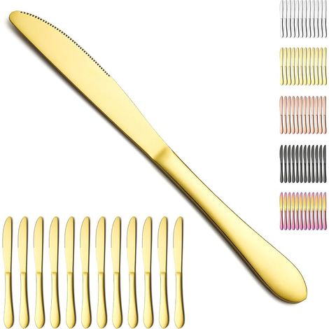 couteaux de table en or 12pcs, couteaux à beurre en acier inoxydable plaqué or titane couteau de dîner pour la maison, le restaurant, l’hôtel, le lave-vaisselle (1/5)