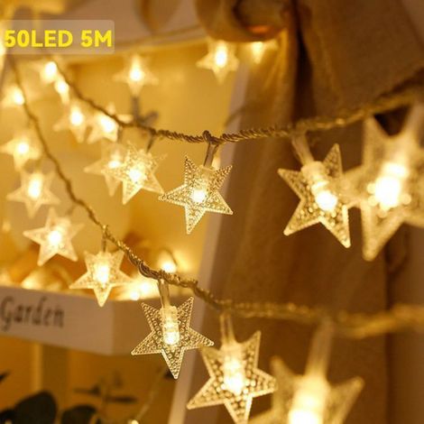 Guirlande Lumineuse Étoile - 50 LED Blanche Chaude - 5 M - 2 Modes (Fixe/Clignotant) - Alimentation Piles AA - Intérieur (1/5)