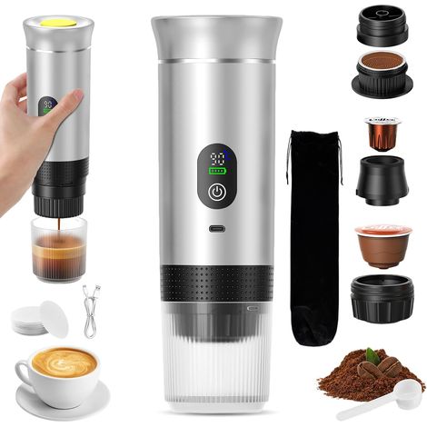 Cafetière Portable 3 en 1,Rechargeable Cafetière Portable de Voyage,12V Expresso Machine a Cafe pour Capsule,Café Moulu,pour Camping,Bureau,Voyage, Maison, Voiture (Argent) (1/5)