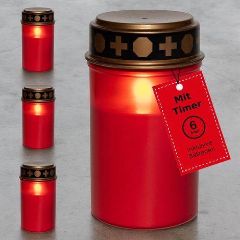 Lampe funéraire LED Novaliv avec batterie et minuterie 6/18 rouge 4x effet LED scintillant longue durée incl. Bougies funéraires à piles, bougies de