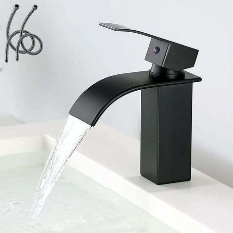 Moderner Einzelwaschtisch-Wasserhahn, schwarzer Wasserfall-Waschtisch-Wasserhahn, elegantes Badezimmer-Wasserhahn-Design, Messing-Badezimmer-Mischbatterie, heißes und kaltes Wasser verfügbar, schwarze