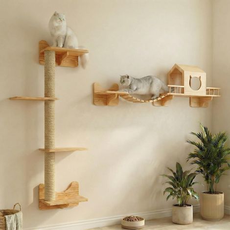 Kit d'escalade pour chat, étagères murales pour chats, avec 1 maison pour chat, 1 échelle de pont, 3 poteaux à gratter et 5 marches (1/5)