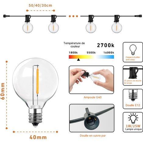 Guirlande Lumineuse Solaire G40 LED Extérieure, Lumières de Patio Etanches 2700K avec Télécommande, 8 Modes d'Éclairage pour Jardin, Terrasse, Fête, Mariage, Camping - 3 mètres - 10 lumières