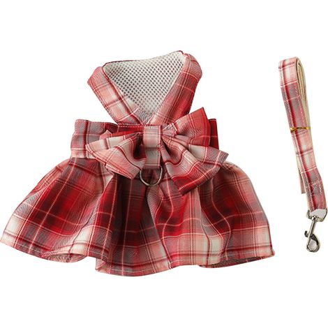Robe harnais pour chien, élégante et mignonne, à carreaux avec nœud papillon, respirante et confortable, avec laisse, pour un usage quotidien, fête de mariage, rouge S (1/5)