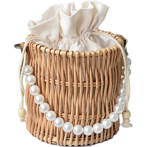 Handlicher Rattan-Pflanzkorb mit Perlenbesatz für Strand, Partys und Shopping - Naturdesign 20x8cm (1 Stück) (1/5)