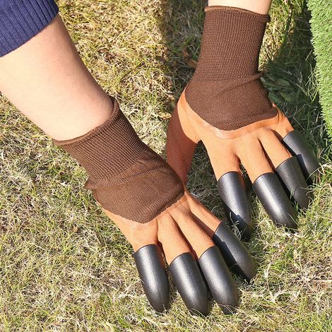 Gants de jardinage monobloc avec 4 griffes pour creuser marron (double griffes) - 24,5  14 cm
