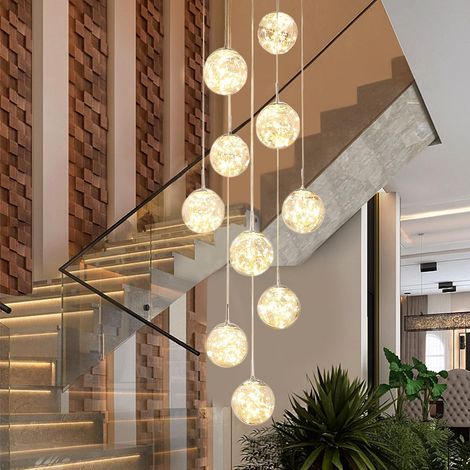 200CM Lustre Lampe Boule de Verre 10 LED, Pendentif Lumière LED d'escalier, 50W Suspensions Long étoilé Pendant Light, Plafonniers Modernes pour Villas, Escaliers et Salons (1/5)