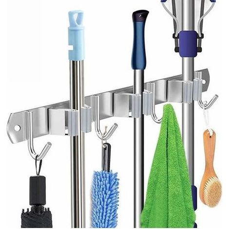 royaluxe - Porte Balai Mural, support mural en acier inoxydable Organisateur vadrouille de rangement monté sur placard à balai Cintre à outils robuste avec 3 Clips et 4 crochets pour garage de cuisine