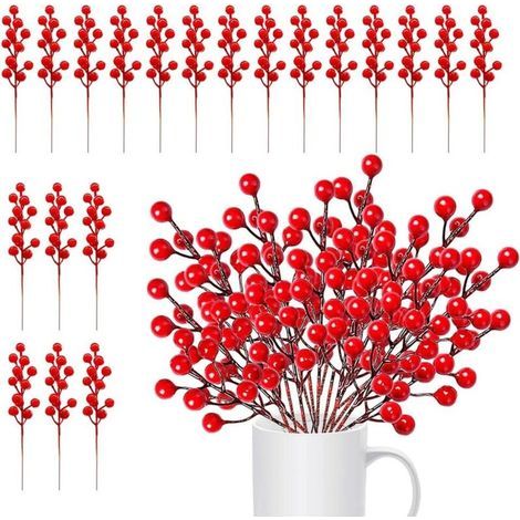20 PCS Baies Rouges de Noël Artificielles Branches de Baies Rouges Baies de Houx Artificielles Fausses Baies Rouges en Plastique Tige Baies Rouges Petites pour Arbre de Noël, Couronne, Mariage (1/5)