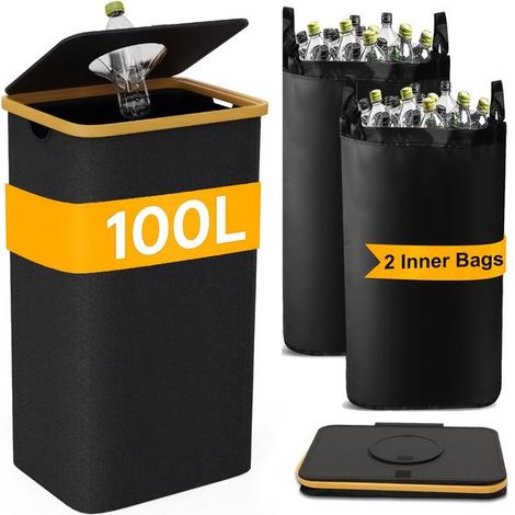 Poubelle de recyclage domestique avec deux sacs intérieurs amovibles et réutilisables, en tissu Oxford 600D, pour le recyclage des bouteilles, des cartons et du verre. (1/5)