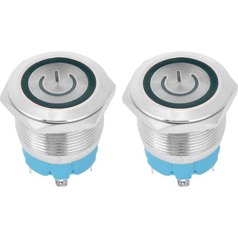 Lot de 2 interrupteurs à bouton-poussoir 4 broches 3-6 V CC, tête plate ronde de 22 mm, avec témoin lumineux d'alimentation (vert).