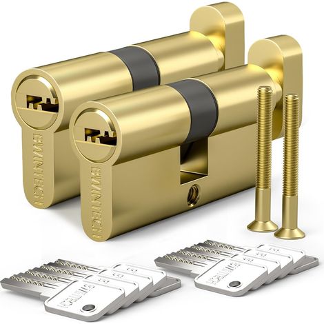 2 PCS Cylindre de Serrure Euro 40T/40MM, Laiton, 80mm Bouton/Clé, 5 Touches Horizontales, Anti-Cueillette, Anti-Collision, Finition Lisse et Polie (1/5)