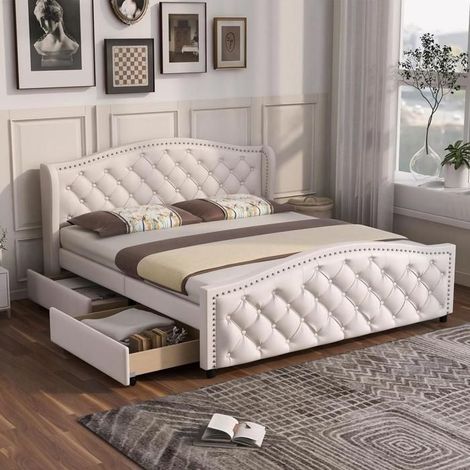 Lit rembourré - KOMHTOM - Chesterfield - 160x200 cm - 2 tiroirs - simili cuir blanc (1/5)