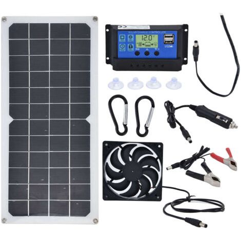 DEESSE SHOP-Kit de panneau solaire 10W, chargeur de batterie solaire et mainteneur avec contrôleur 10A+ventilateur d'extraction, chargeur de batterie monocristallin pour voiture, camping-car, marine,  (1/5)