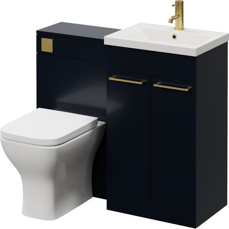 Napoli 390 Deep Blue 1000mm 2 Door Vanity Unit Toilet Suite with Glide Basin - 1000mm - Brushed Brass 160mm HandleWith Kingston Toilet Pan and Seat