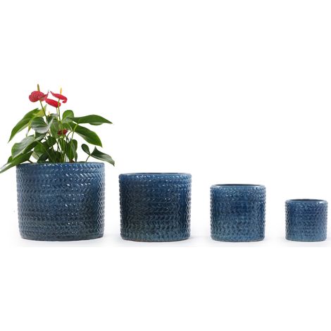 CHICFURN Maceta de cerámica Ø17,5 cm azul oscuro, relieve chevrón, para mini plantas (1/5)