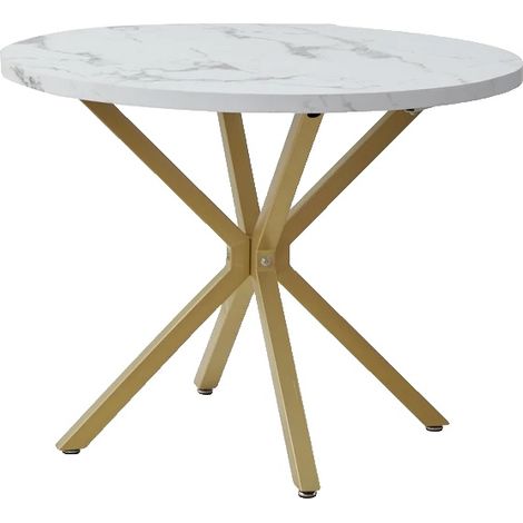 Tavolo da pranzo con piano effetto marmo, design moderno e minimalista, bianco e oro. (1/2)