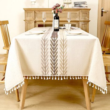 Tovaglia rettangolare impermeabile in cotone e lino, 140 x 180 cm, con nappe, elegante tovaglia rettangolare per decorare la cucina. (1/5)