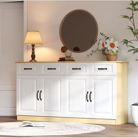 Buffet 4 tiroirs et 4 portes, 160x35x80 cm, avec étagères réglables, en MDF, blanc et bois naturel (1/5)