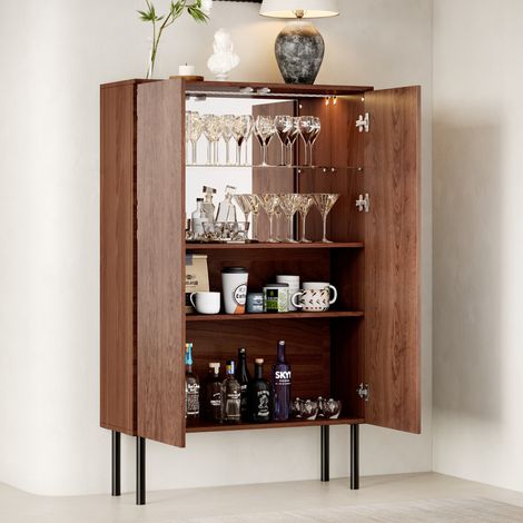 Vitrine 80x35x145 cm, meuble bar avec LED, fond miroir, étagère en verre, façade rainurée, rangement pour verres et bouteilles - Marron (1/5)