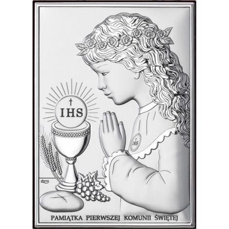 Quadro in argento con una bambina, ricordo della Prima Comunione + incisione DS04A 7 x 9,5 cm (1/5)