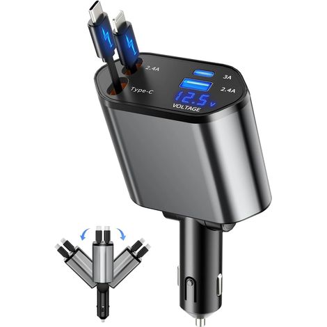 Chargeur de voiture 4 en 1 avec ports USB-C et Lightning, charge rapide, adaptateur secteur 86 W pour smartphones, design compact et sécurisé, marché nordique (1/5)