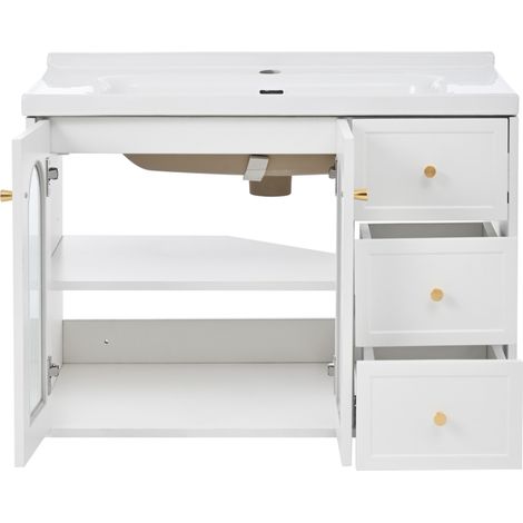 Mueble de baño suspendido 80 cm con lavabo cerámico, MDF y 2 cajones con puerta de vidrio (1/5)