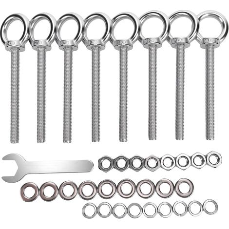 Lot de 8 boulons à œil M10x153 mm en acier inoxydable 304 haute résistance, avec écrous et rondelles, pour guirlande lumineuse extérieure et décoration de terrasse. (1/5)