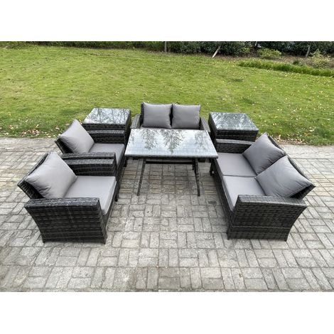 Fimous Polyrattan Gartenmöbel Set Polyrattan Garten Sofa im Freien Set mit Rechteckiger Esstisch Loveseat Sofa 2 Beistelltischen Dunkelgrau Gemischt (1/5)